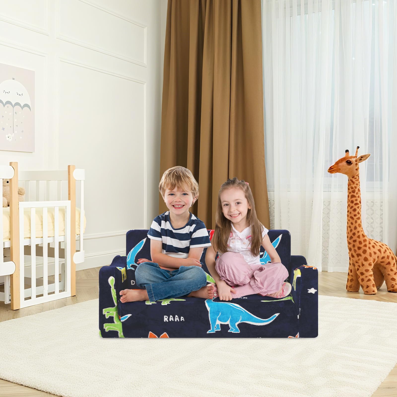 Canapé Enfants Convertible Sofa Bed 2 en 1, Pliant Fauteuil Enfant 2 Places pour Filles et Garçons, Briller dans Le Noir Canapé Lit pour Chambre Coin Lecture Salon,Dinosaurus
