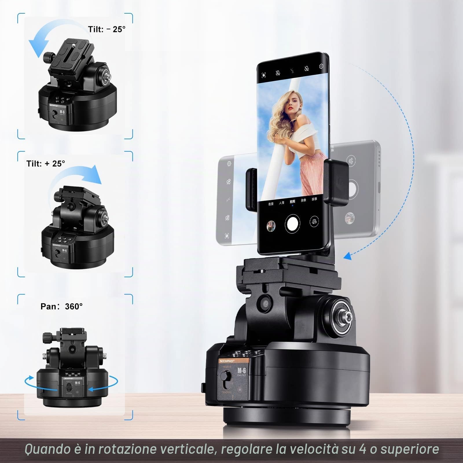 Soonpho M6 Auto Face Tracking Motorized Rotating Panoramic Tripod Head, AI Smart Face Body Tracking Remote Control Pan Tilt Head con telecomando e clip per cellulare