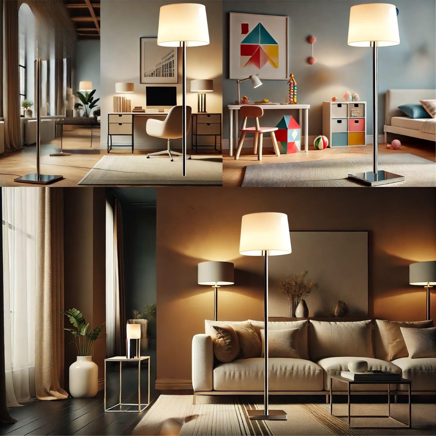 lampara de pie salon FIRENZE -lámpara pie de níquel satinado pantalla blanca incluida - lamparas de pie - E27 IP20 - lamparas de pie para salon - candeeiro de pé - floor lamp