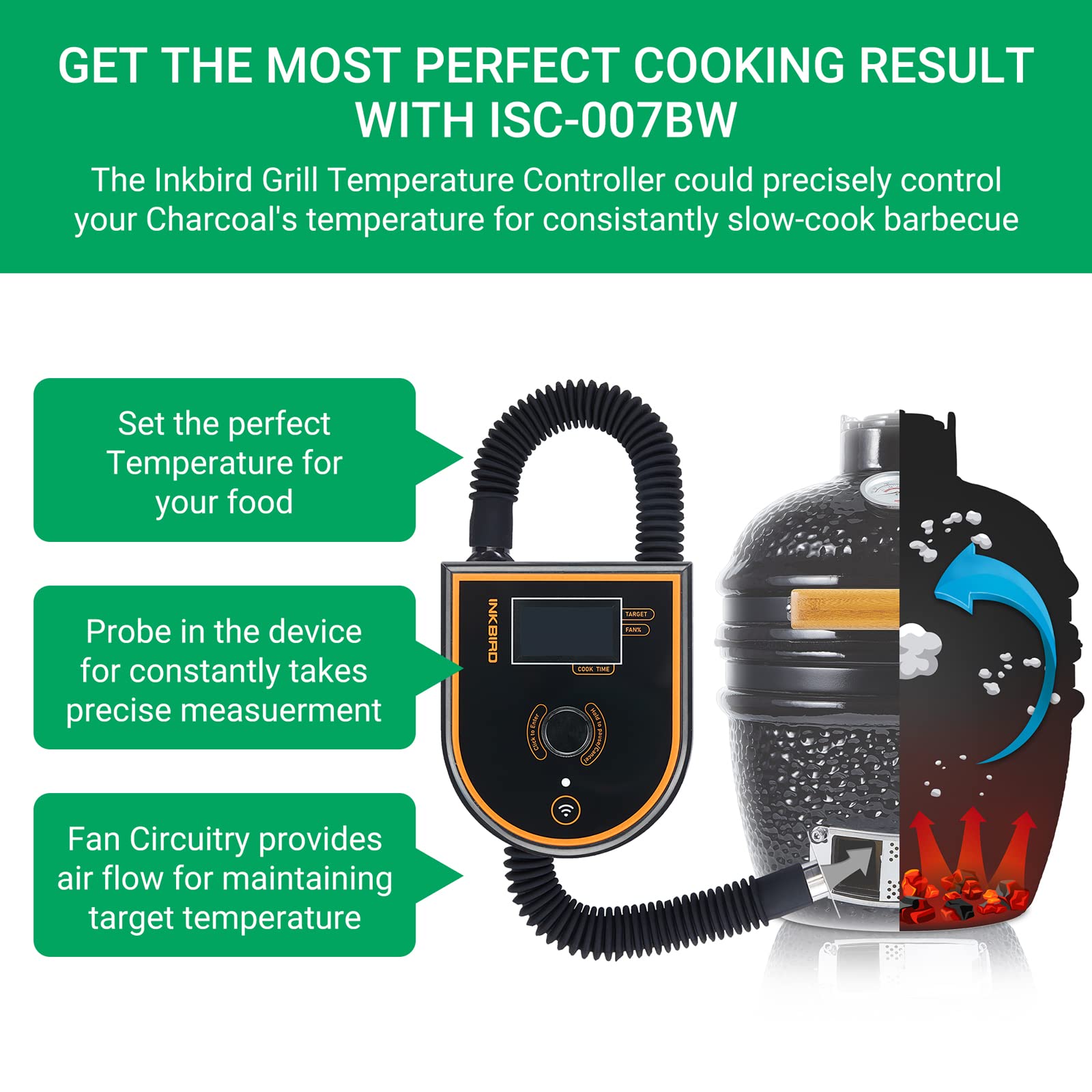 Inkbird Grillgebläse ISC-007BW, Grillventilator für Temperaturüberwachung mit automatisch einstellbarer Gebläsedrehzahl, Charcoal Grillthermometer, Kompatibel mit Kamado Joe, Big Green Egg und Kettle.