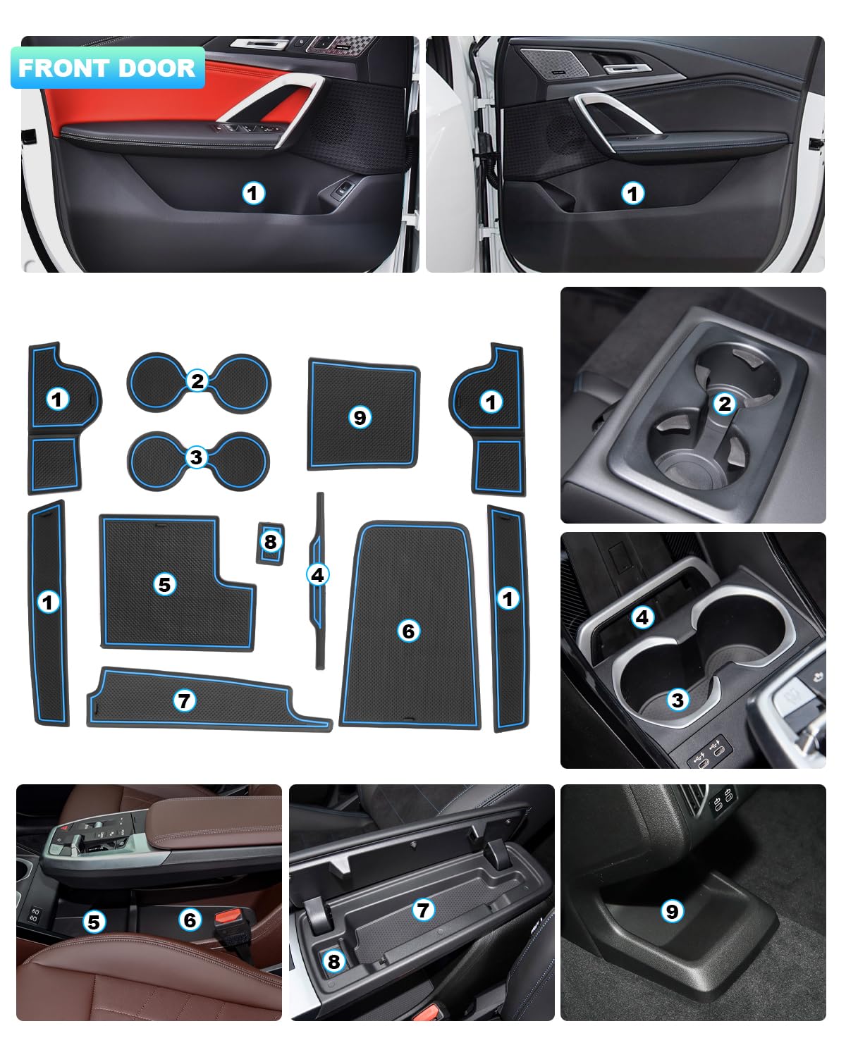 CDEFG Compatibile con BMW X1 U11 2023 2024 2025 Tappetini in gomma antiscivolo per la console centrale, tazza antiscivolo, gomma non scivolosa per auto iX1 X1 U11 Accessori (Blu)