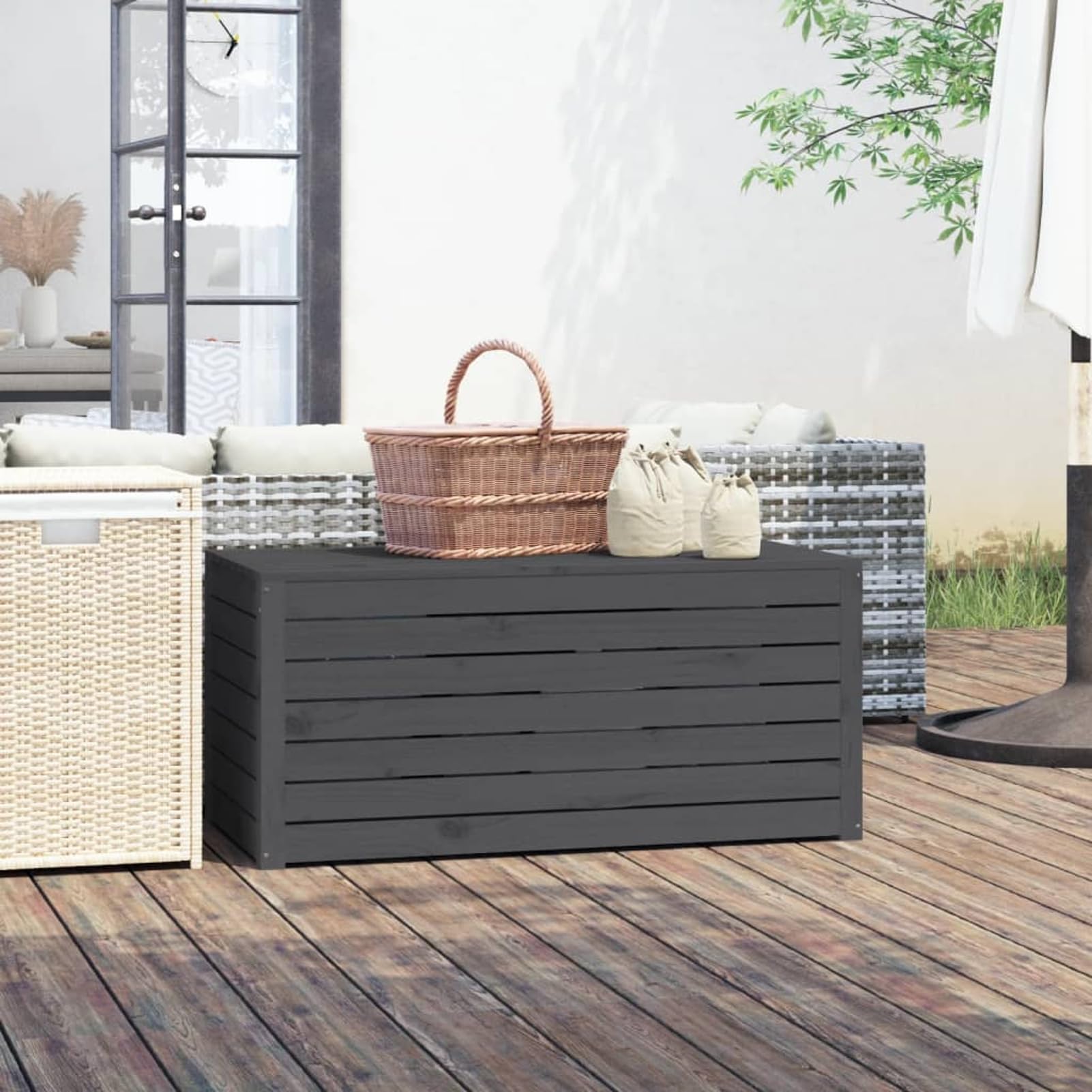 Gecheer Scatola da giardino grigia, 101 x 50,5 x 46,5 cm, in legno massello di pino, scatola di immagazzinaggio per esterni, organizer per attrezzi da giardino, cassapanca per cuscini per balcone