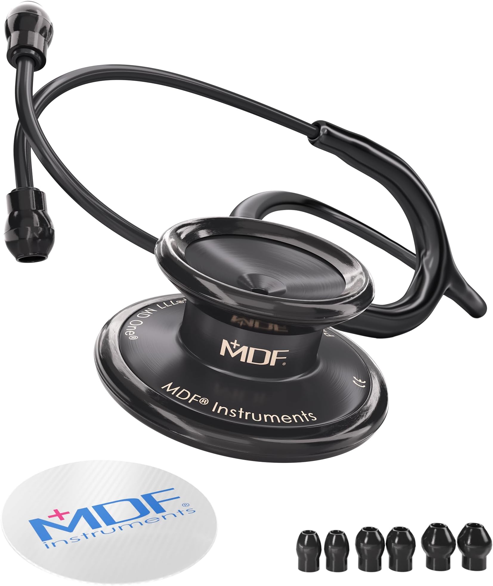MDF Instruments MD One Premium Stainless Steel Dual Head Stethoscope, Adult, Black Tube, Black Chestpieces-Headset, MDF777BO