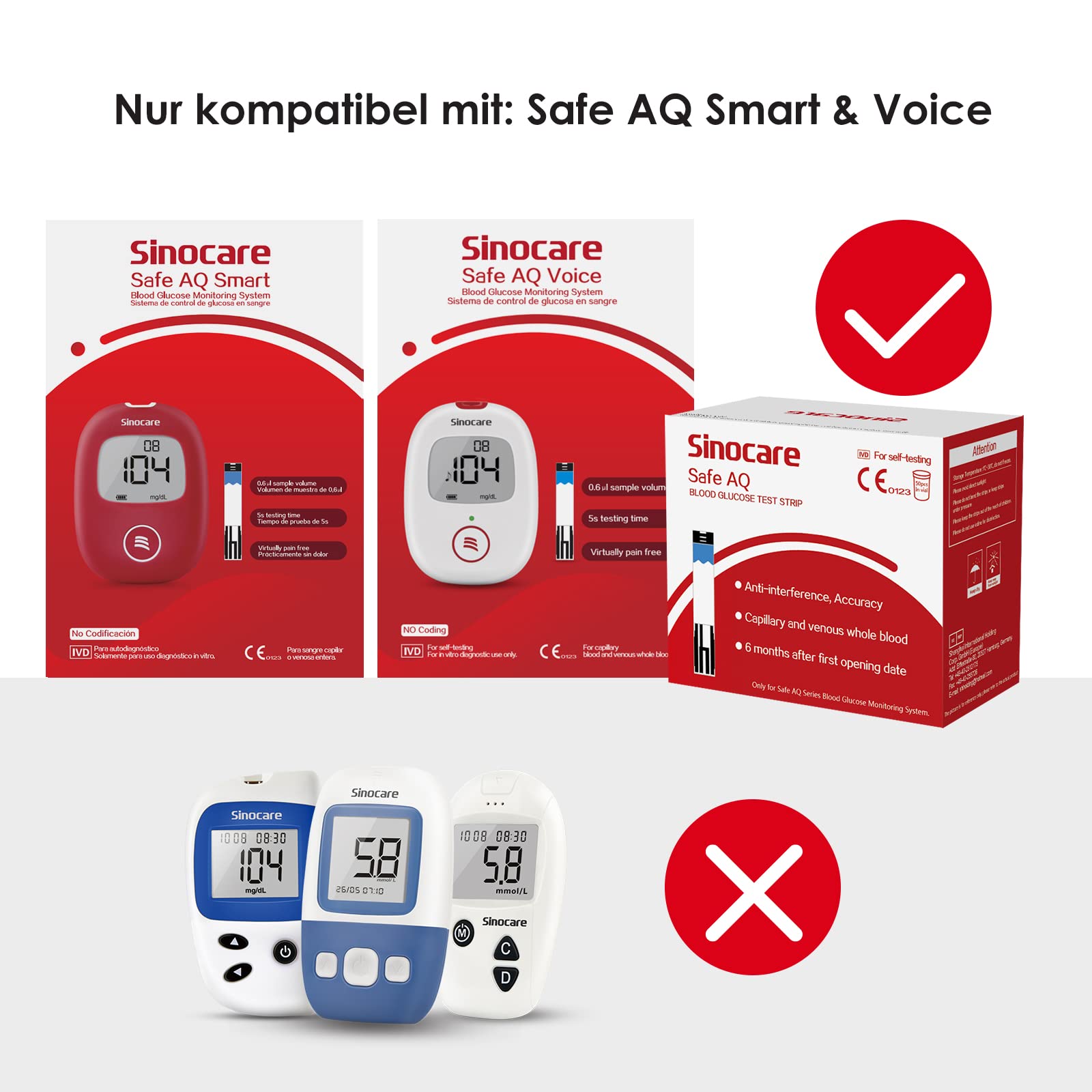 Blutzuckerteststreifen 200, sinocare Safe AQ Smart Blutzucker Teststreifen, Glukose Teststreifen (Nur Teststreifen, keine Lanzetten)