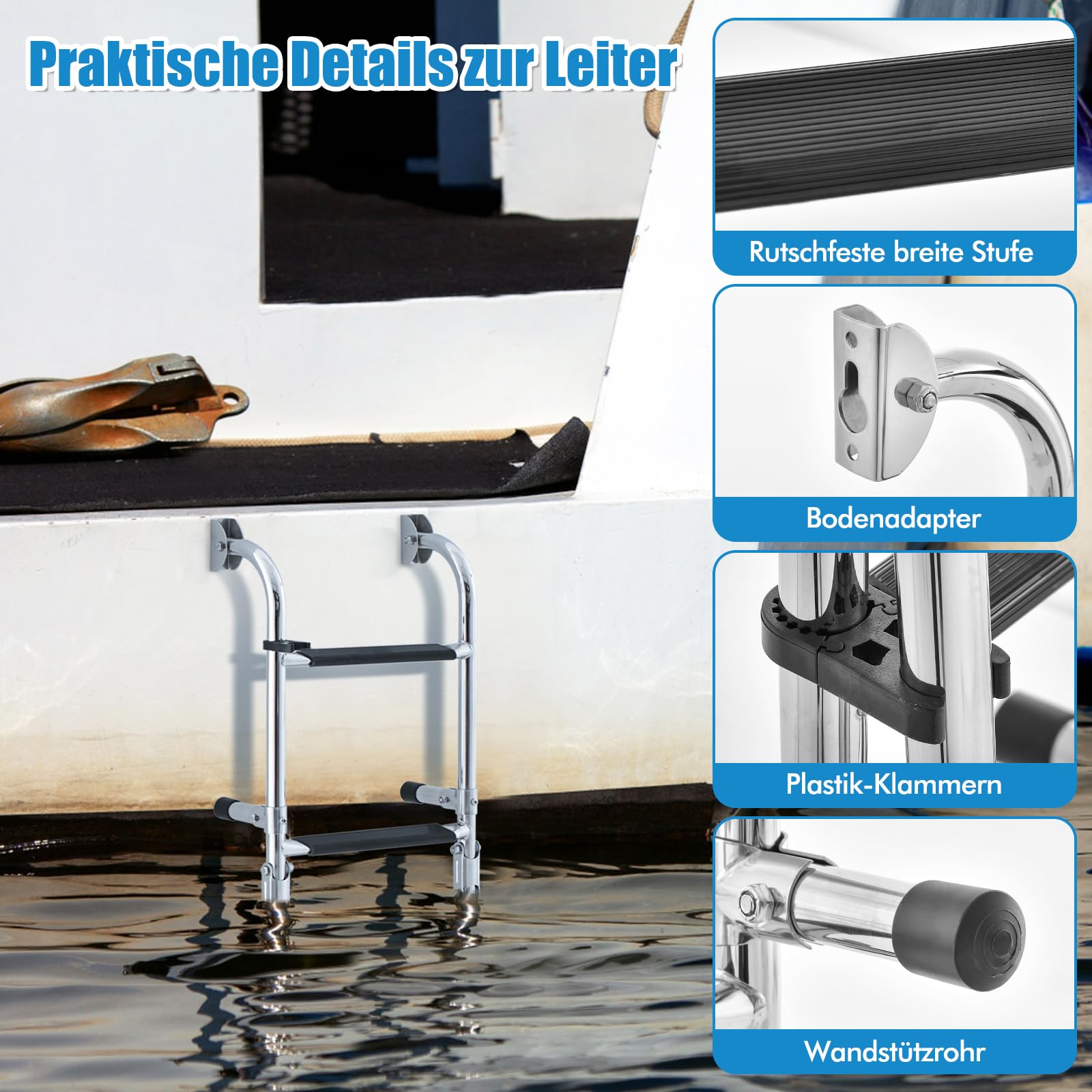 RELAX4LIFE Bootsleiter mit 4 Stufen, Poolleiter Klappbar, Badeleiter Edelstahl, Pontonleiter mit Rutschfesten Stufen, Tragkraft 200 kg, Schwimmbadleiter für Schwimmbad Deck Boot