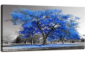 Modern Blue Painting| Black and White Graceful Tree Wall Art