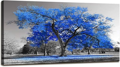 Pintura artística contemporánea de árbol azul en blanco y negro, paisaje otoñal, imagen moderna giclée, estirada y enmarcada (24 x 48 pulgadas)
