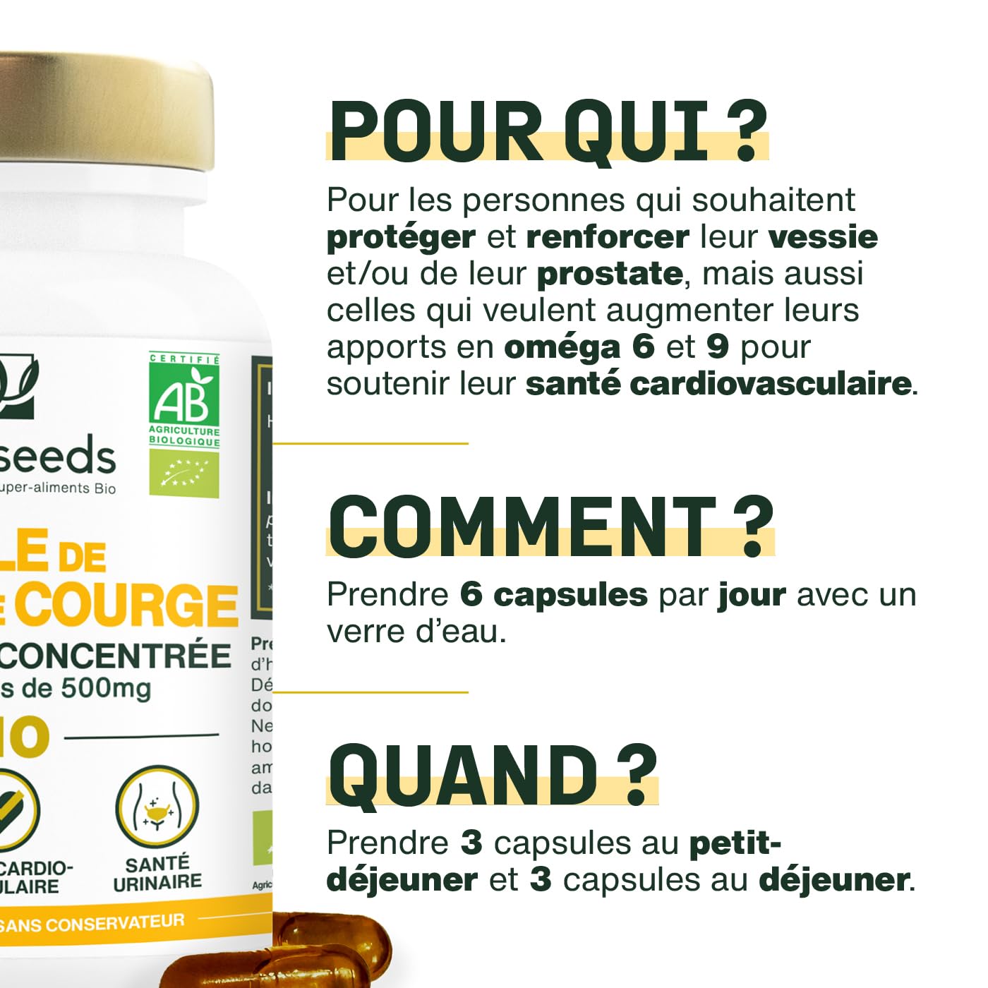 Huile de Pépins de Courge BIO | Prostate, Santé urinaire | Huile pressée à froid | 180 capsules végétales, vegan | Conditionné en France | Qualité Supérieure