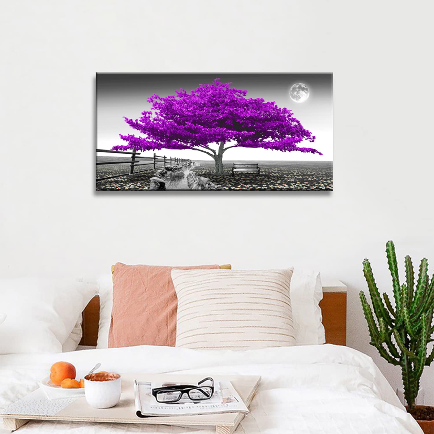 Quadro Su Tela Con Paesaggio E Albero Viola - 61x122 Cm - Stampa Moderna Per Soggiorno E Camera Da Letto - Tesa Su Telaio In Legno