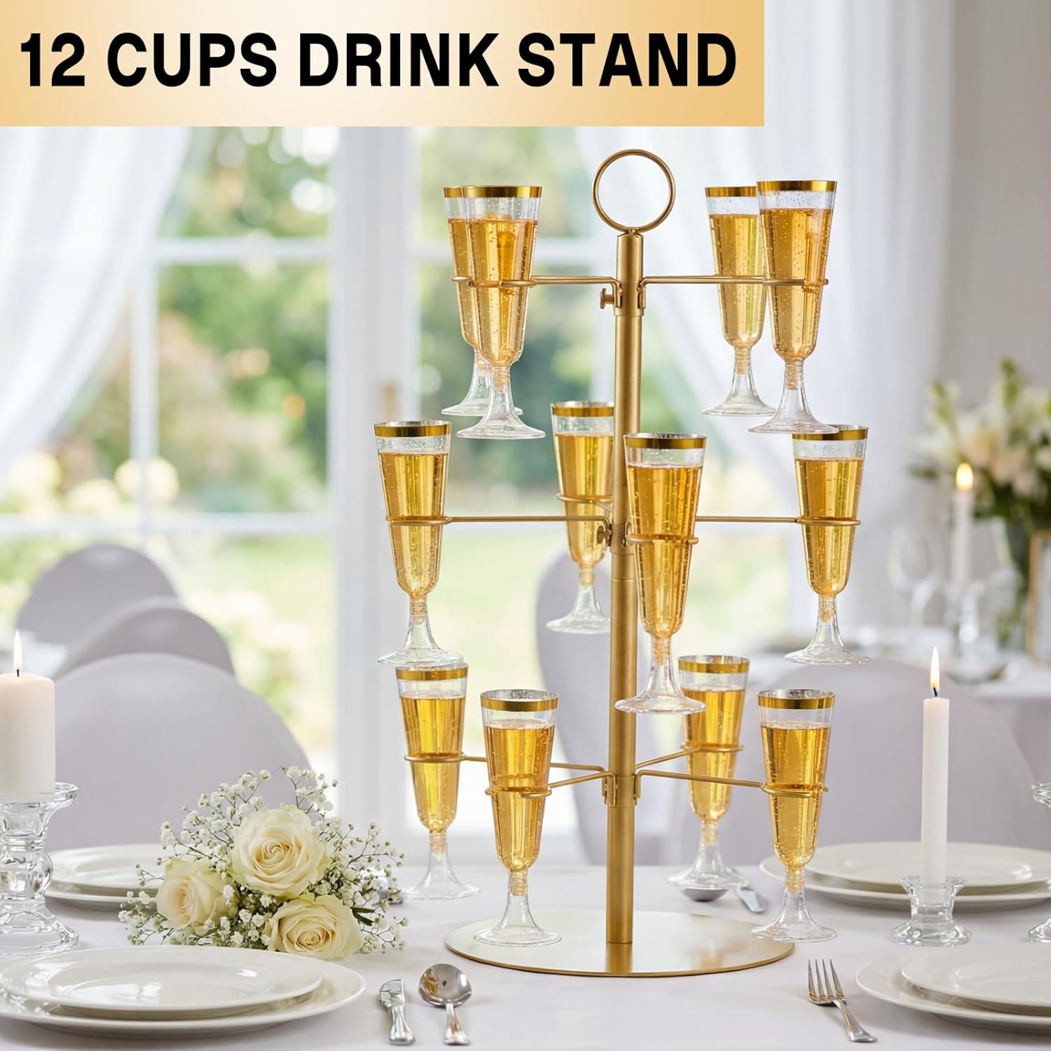 12 Pcs Plastic Glasses with Metal Champagne Tower Disposable Clear Cocktail Glasses for Party Birthday Wedding(5 oz, Champagne)