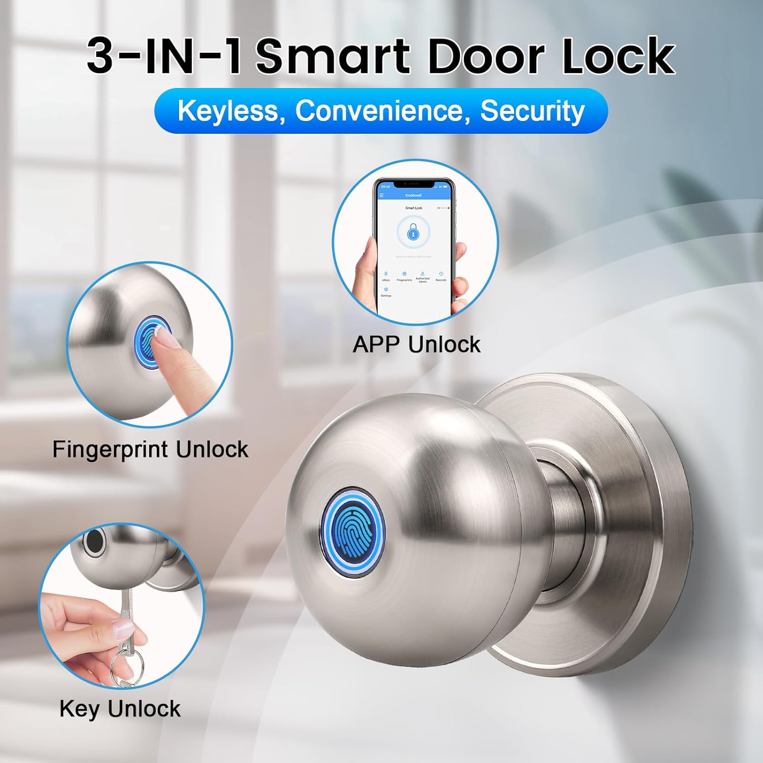KNOBWELL Fingerprint Door Knob, Smart Door Knob with APP Control, Satin Nickel Keyless Entry Door Lock, Biometric Door Lock with Knob, Smart Lock for Bedroom Door Hotel Office Apartment