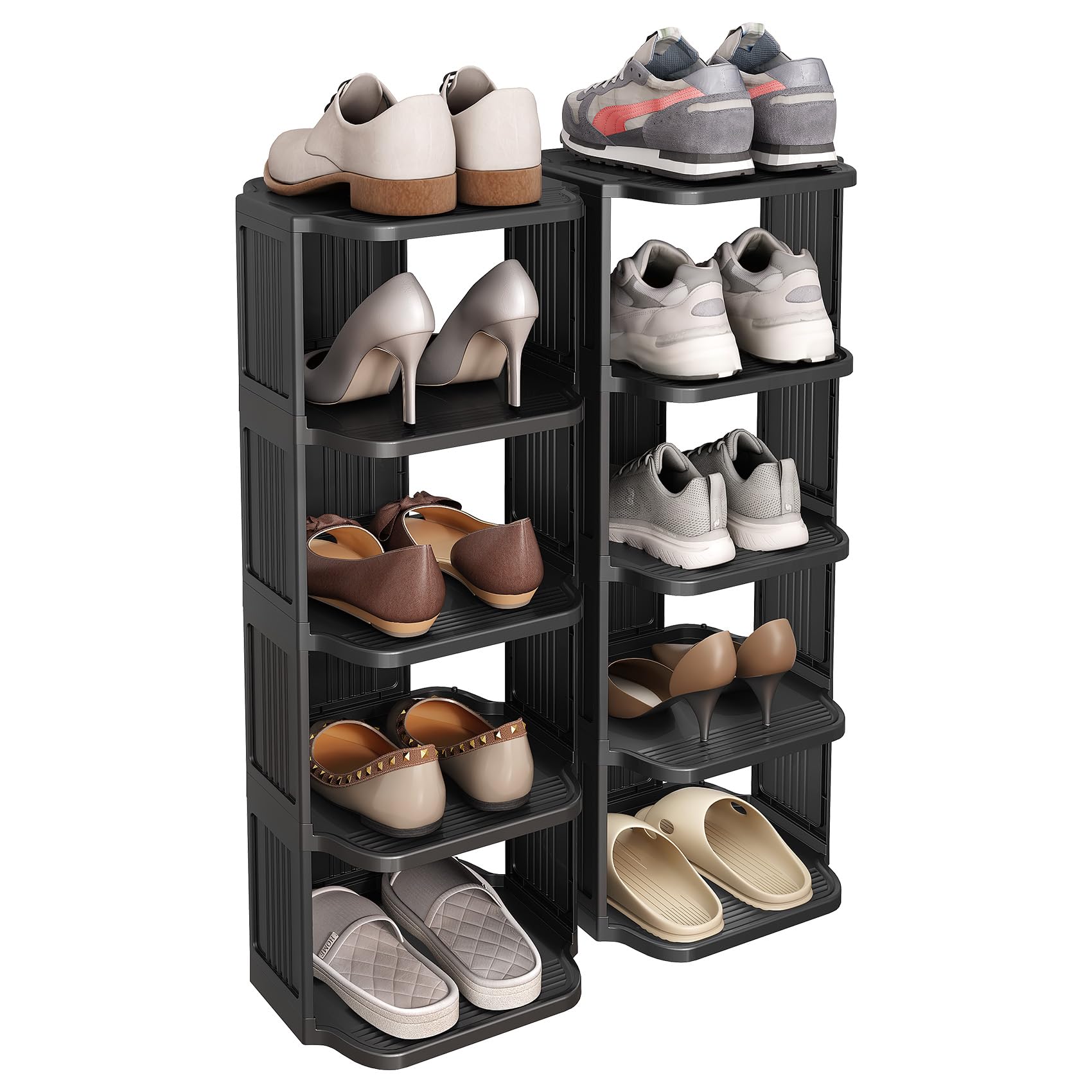 Kitstorack 10 Tiers Stackable Shoe Rack for Closet and Front Door Entrance - Free Standing Plastic Stand, Narrow Tall Vertical Organizer for Small Spaces Storage