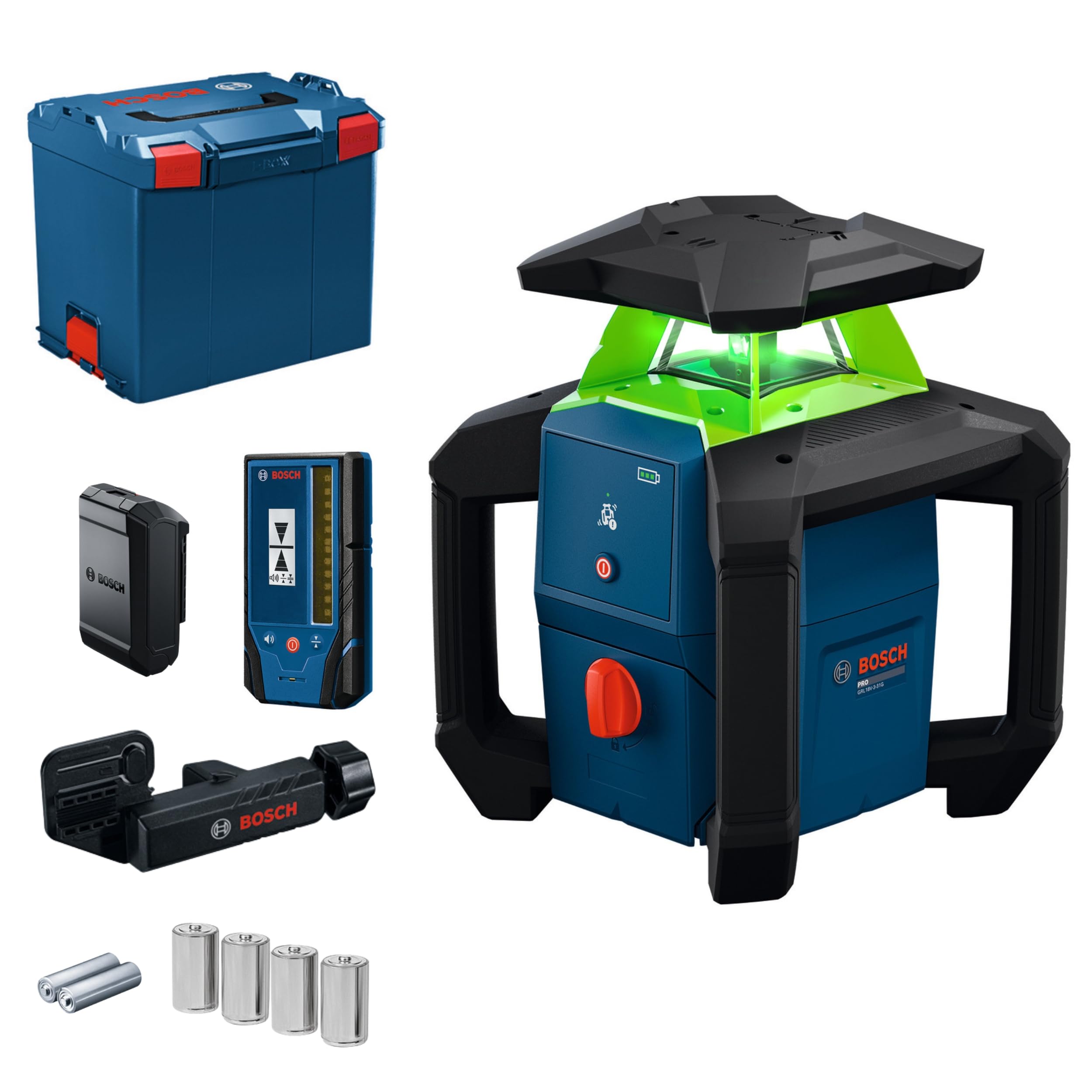 Bosch Livella Laser Rotante PRO GRL18V-3-31G (laser verde, protezione IP66, doppia alimentazione, +/- 1,5 mm di precisione a 30 m, LR3-2 + staffa, BA 18-C, L-BOXX 374)