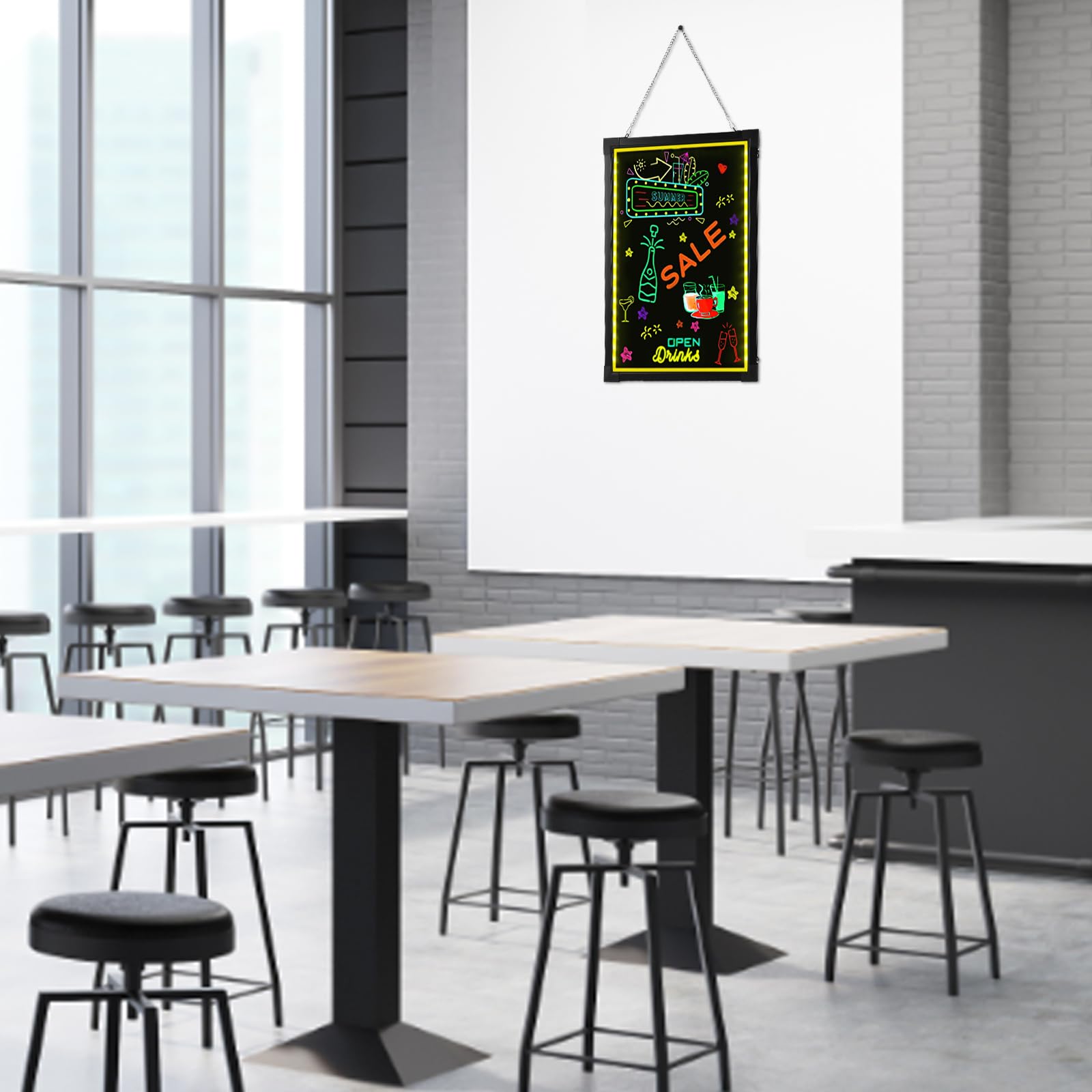 Lavagna pubblicitaria a LED, 60 x 80 cm, con ganci, angoli anti-collisione, per decorazioni, manifesti, lavagne a casa, negozi, bar, ristoranti, nero