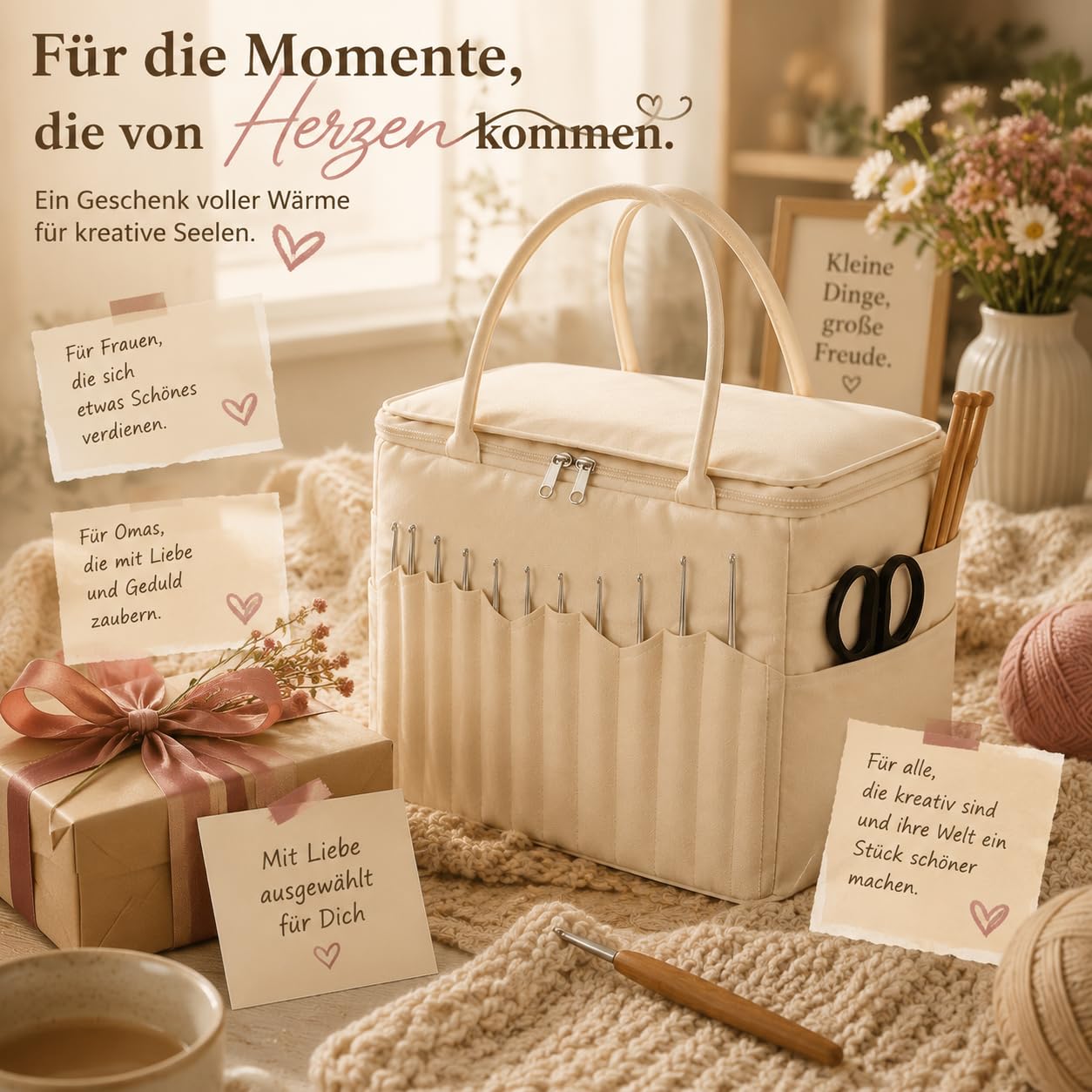 Stricktasche für Garn und Häkeln, Handarbeits-Organizer mit Fächern，Militärgrün