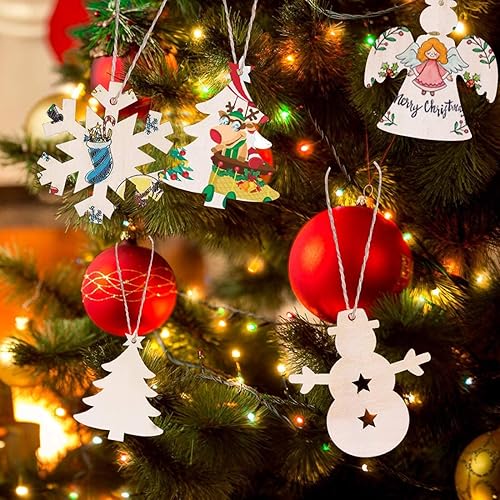 Miniatura 5 de Max Fun 100 adornos de Navidad de madera para manualidades, círculos de madera preperforados sin terminar para manualidades, centros de mesa,