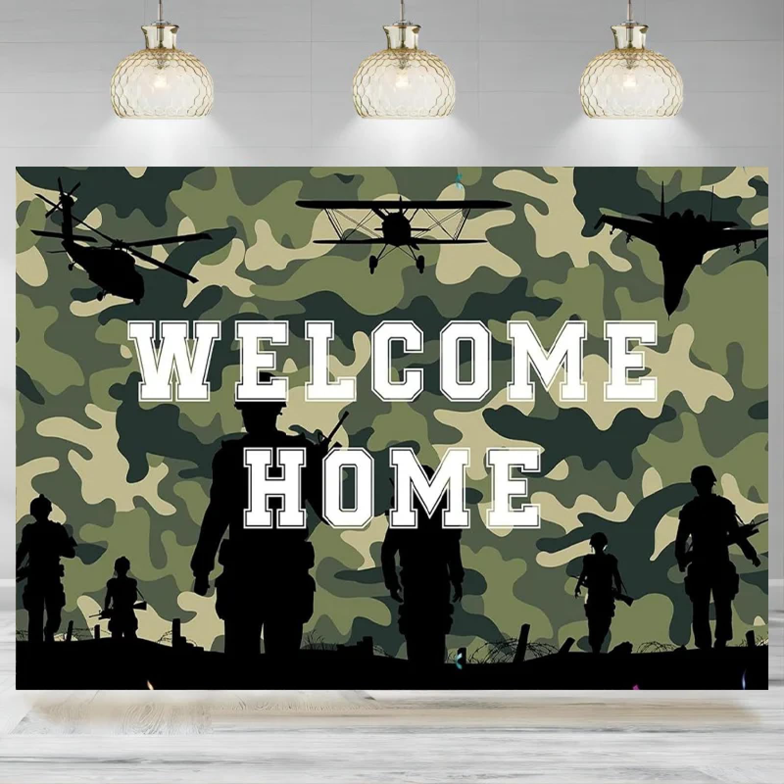 Welcome Home Tło rodzinne na imprezę, tło do fotografii, kamuflaż, weterani, powrót wojskowy, baner, dekoracja, 440 x 300 cm