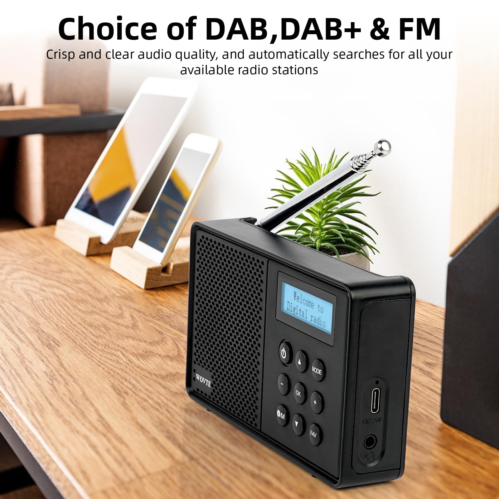WOVTE DAB+ Digital Radio - Portable, Rechargeable & Mains Powered with Bluetooth, 40 Presets, LED Display, Alarm Clock, Sleep Timer & Headphone Socket — view 2