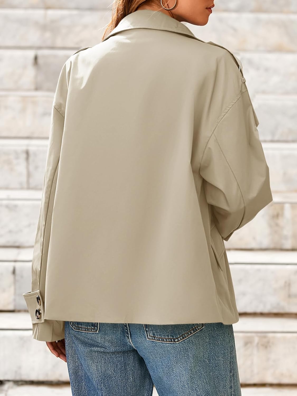 Tankaneo Womens Cropped Trench Coat Oversized Double Breasted Stand Collar Short Jacket Fall Casual Work Outerwear - Image 4