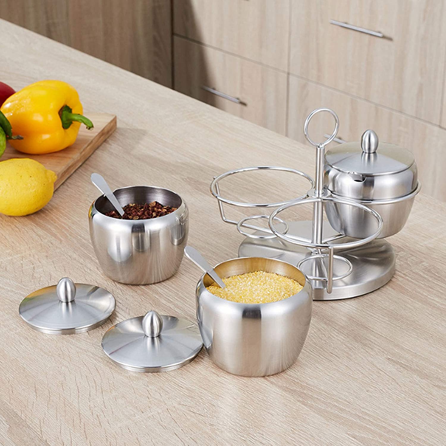 La Olla de condimento giratoria Creativa, se Pueden Colgar 3 latas de Acero Inoxidable, contenedor de azúcar de Sal de condimento con una Cuchara de Tapa de Almacenamiento Giratorio