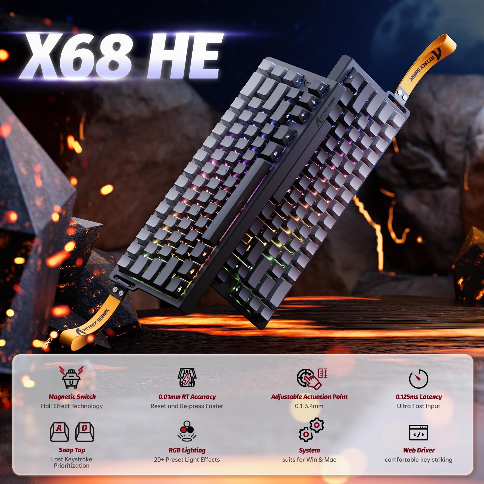 MAMBASNAKE Attack Shark X68 HE Rapid Trigger-Tastatur & R1-Maus & 8KHz-Spiralkabel Kombinationen, 0.01mm RT Accuracy, 8KHz Wired Magnetische Tastatur, R1 Kabellose Gaming-Maus, für PC/Mac–Mondnacht