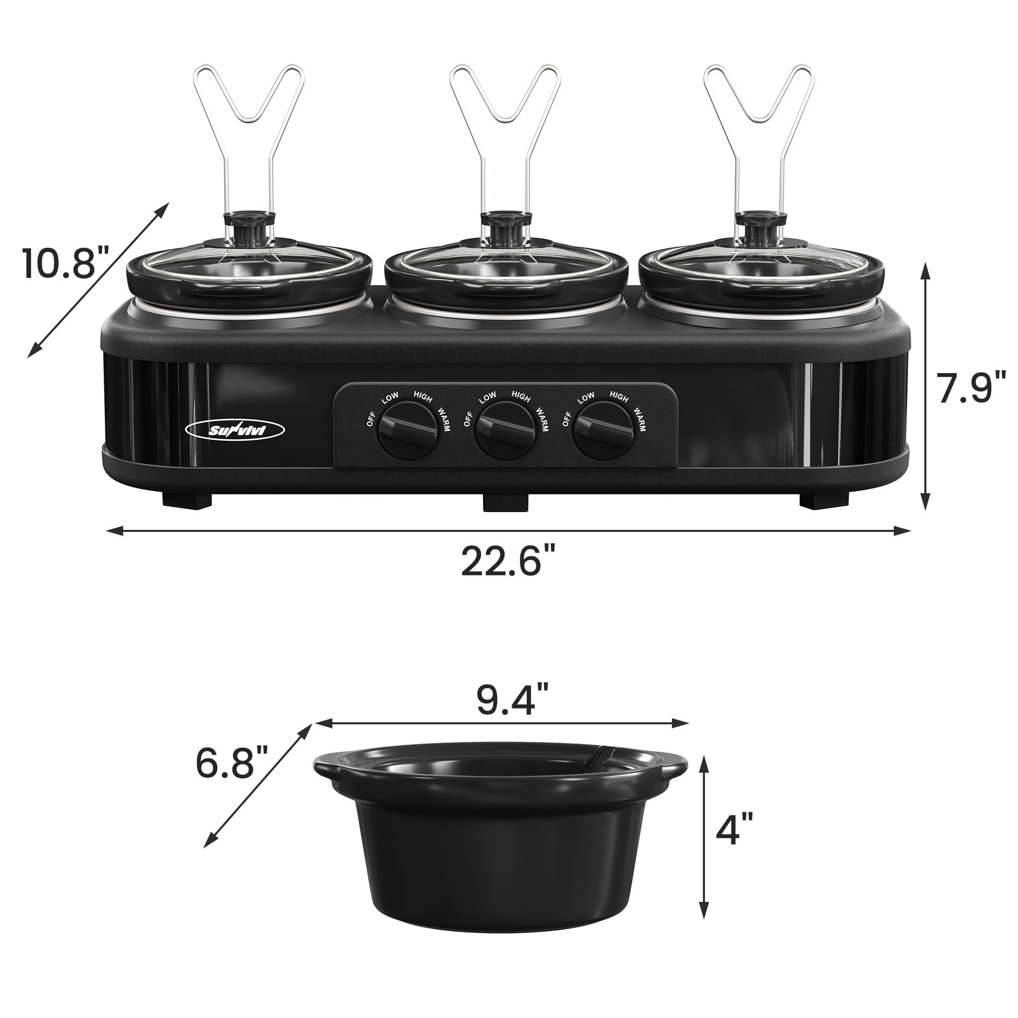 Sunvivi Servidores y calentador de bufé de triple olla de cocción lenta, 3 ollas, pequeña olla de cocción lenta manual con temperatura ajustable, reposapiés de tapa de acero inoxidable, olla de