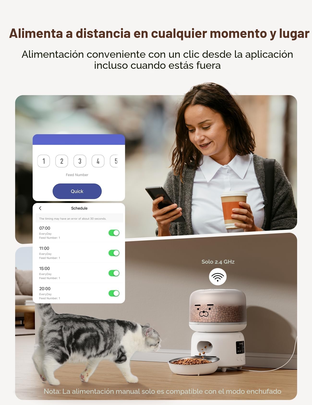 FEELNEEDY Comedero Gato Automático 2.4G Wi-Fi, Dispensador Comida Gatos con Control de App, hasta 10 Comidas/36 Porciones al Día, Tazón para Gatos de Acero Inoxidable, 3L