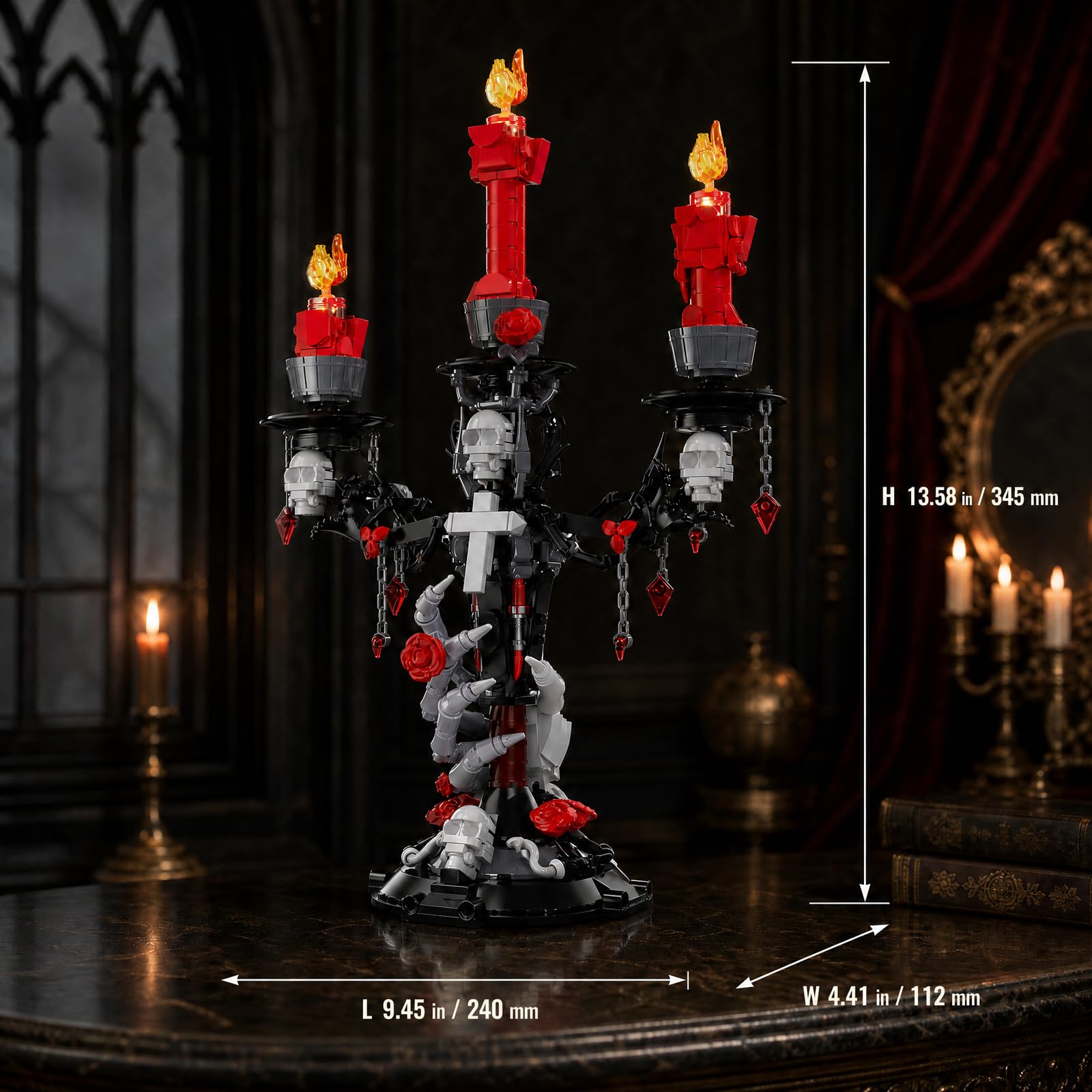JAKI Kit per la costruzione di candelabri con teschio gotico con rose e