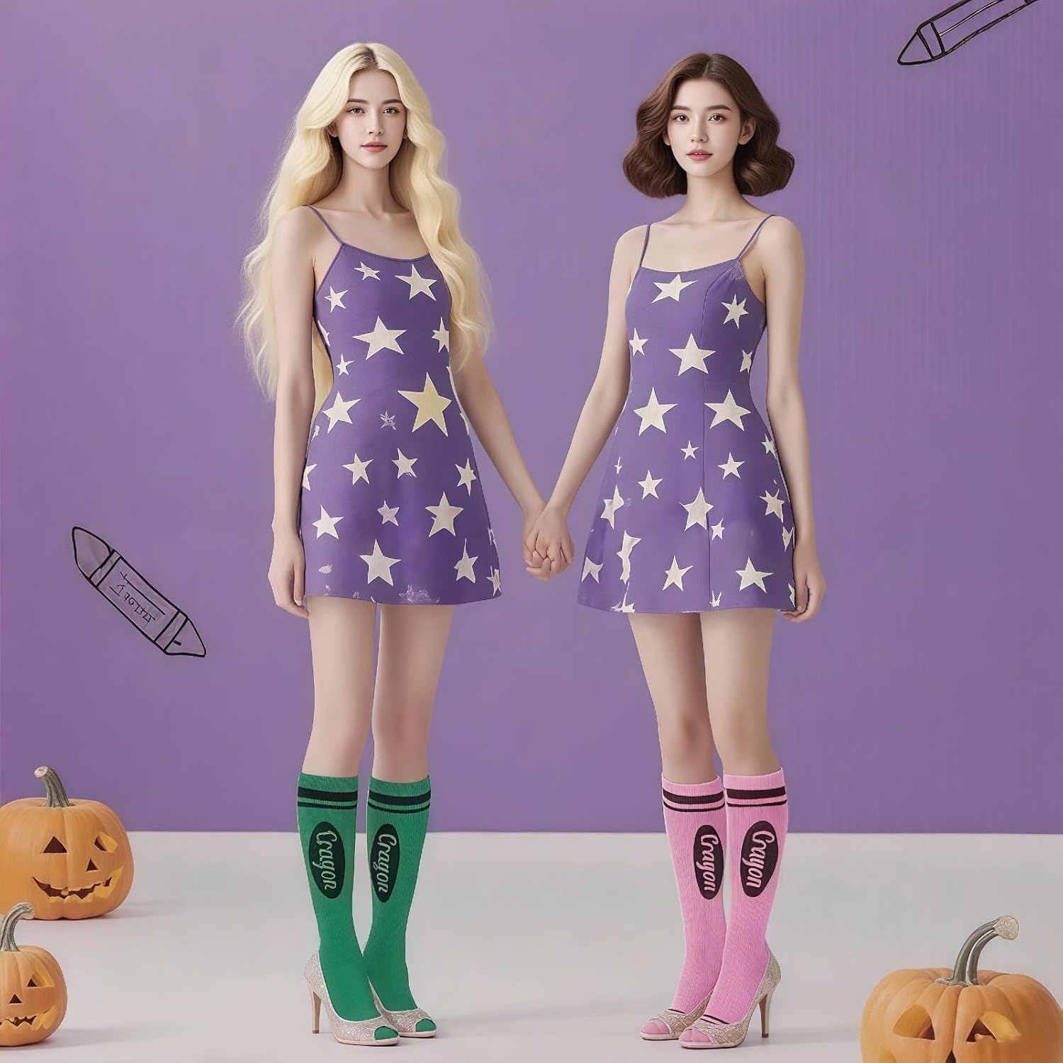 Crayon Socks 4-Pack with Box, Fun Rainbow Pencil Knee High Stockings for Women & Girls, Halloween Costume Socks - Image 2