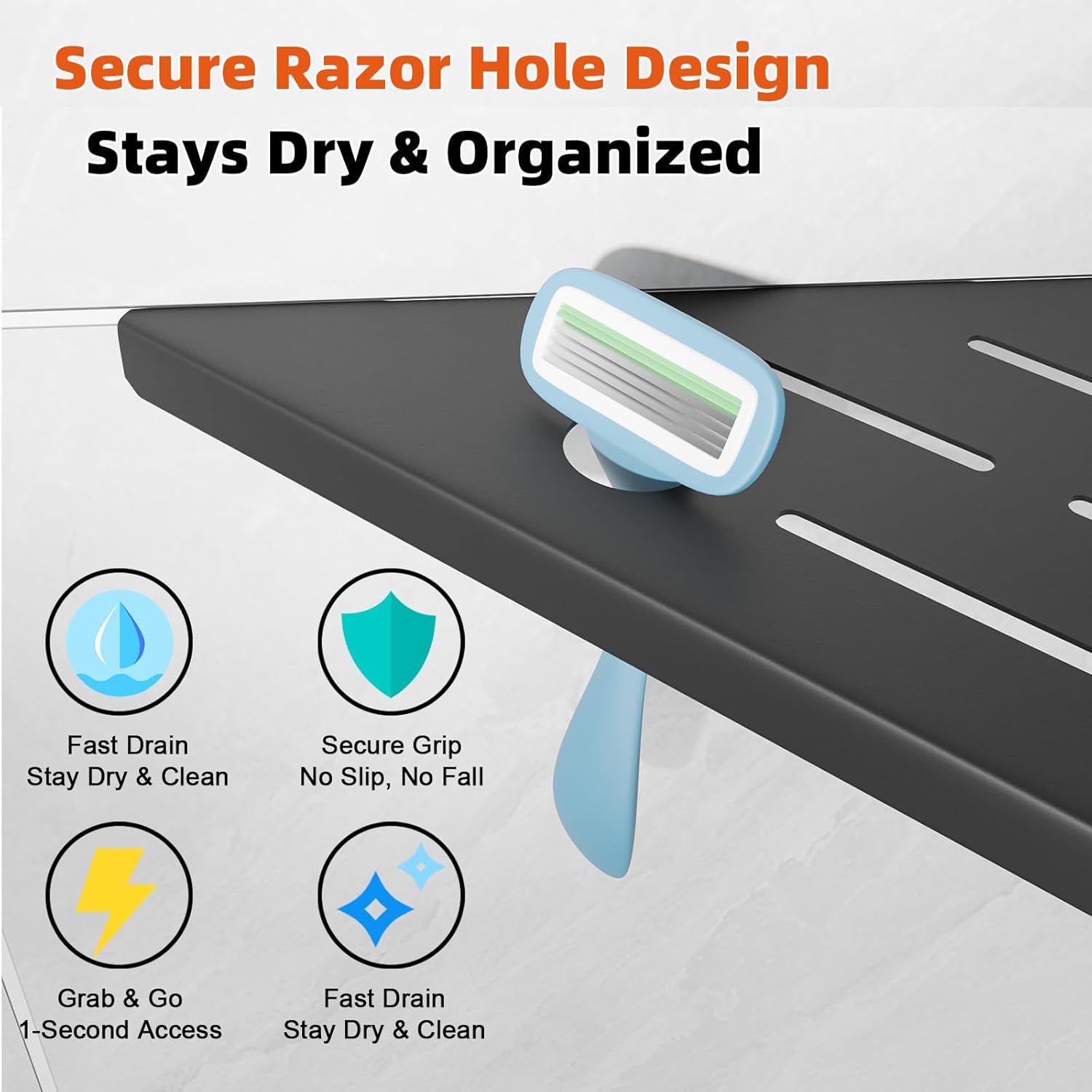 Corner Shower Shelves with Razor Holder, Rustproof Stainless Steel Tile Shower Organizer Discreet Corner Shelf Black Conrer Shower Shelves No Drilling Sleek Shelf for Bathroom Storage, 2 Pack, 10"