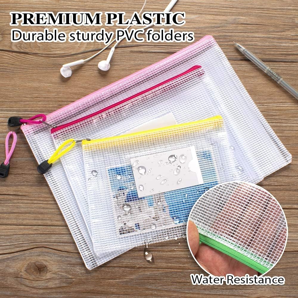 Sooez 20 Pack Plastic Zipper Pouches, 9 Sizes(Super Large A3 Included) Waterproof Mesh Zipper Bag, Zipper Mesh Pouch Plastic Document Pouch Organization Bag for School Office Home Travel Organize