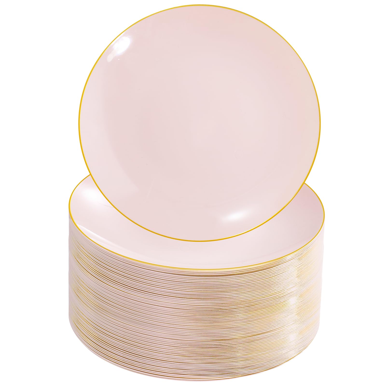 Nervure 100Pieces Pink Plastic Plates - 7.5inch Disposable Pink Salad/Dessert Plates - Heavy Duty Pink and Gold Plastic Plates Ideal for Wedding & Party