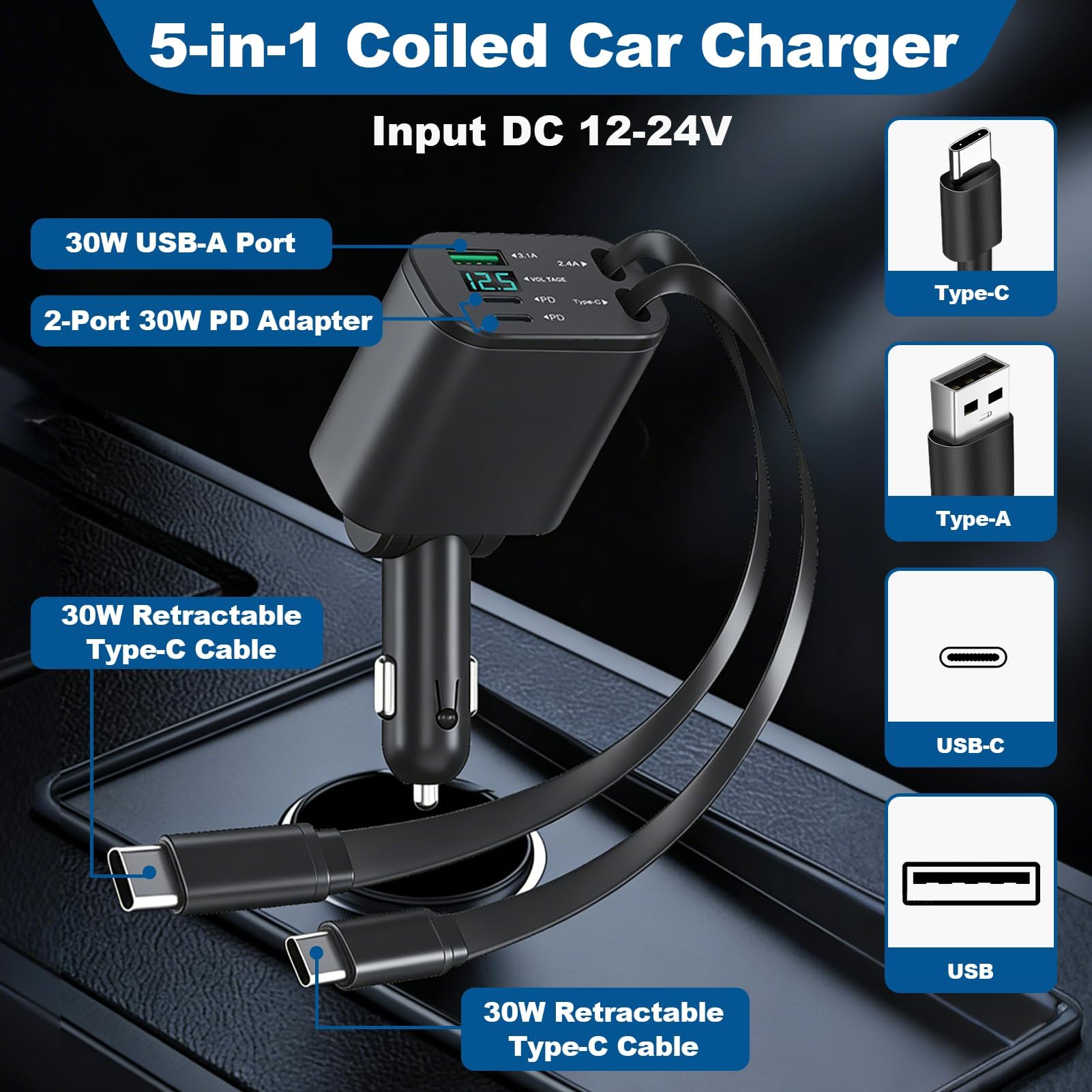 5 en 1 Cargador Coche Carga Rápida 45W Retráctil Adaptador USB Cargador Mechero QC3.0 USB-C/USB-A y Cable Retráctil Tipo C PD30W para iPhone 17 16 15 Samsung Galaxy S24 S23 S21 — view 3