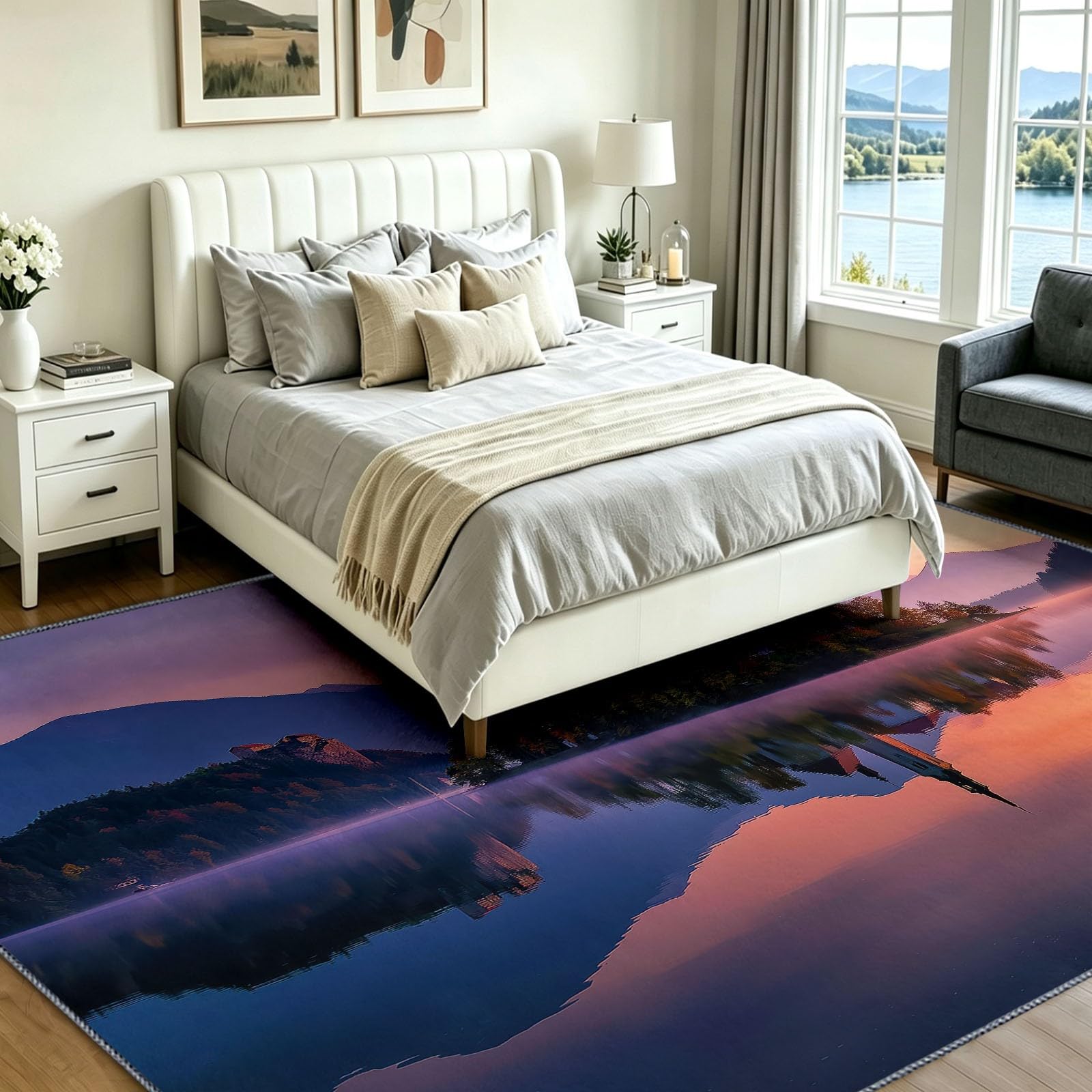 Alfombra Salón Esponjosa 120 x 170 cm Natural Paisaje, Moqueta de dormitorio antideslizante lavable – Ultra suave con cerdas Ras, Castillo Isla Lago Puesta de sol – Gran alfombra para interior comedor