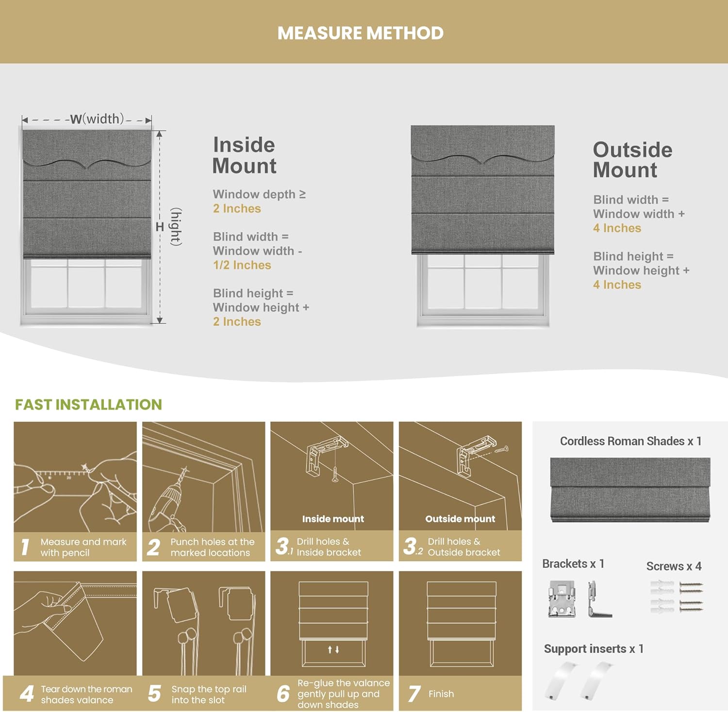 Blackout Cordless Roman Shades for Windows,Linen Roman Shades with Valance,Blackout and Heat Insulation,UV Protection for Indoor Window,Kitchen,Bedroom,TM-Black Grey,47" W x 48" H