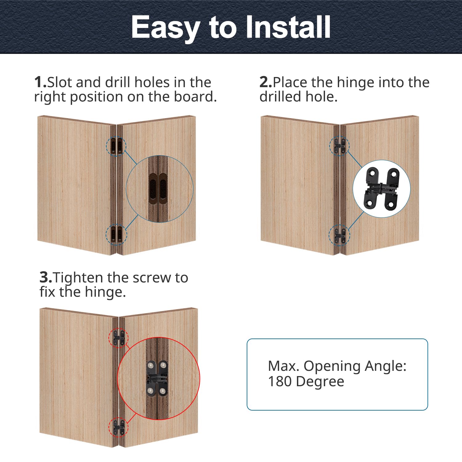 VooGenzek 2 PCS 43.7mm Invisible Cross Hinge, 180° Zinc Alloy Hidden Hinge Invisible, Folding Door Concealed Hinges - Image 4