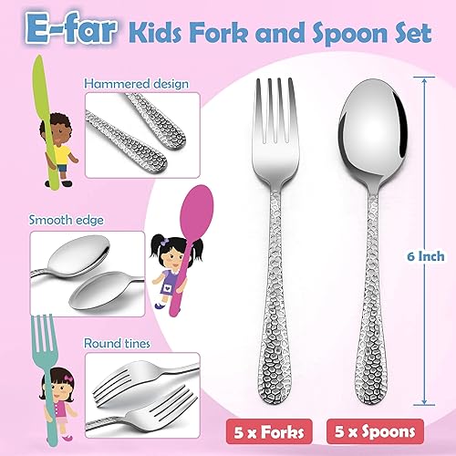 Miniatura 2 de E-far Juego de tenedores y cucharas para niños pequeños, 10 piezas de acero inoxidable, cubiertos seguros para niños para autoalimentarse,