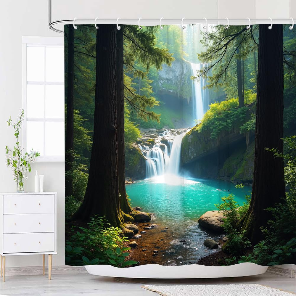 GLWDMB 1 Piece 90x180CM Forest Waterfall Landscape Printed Shower Curtain With Hook, Polyester, for Windows And Walls, Bathtub, Bathroom, Machine Washable, All Season Universal