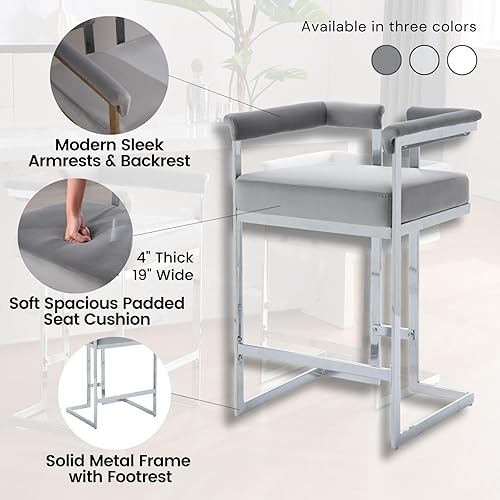 Miniatura 4 de LukeAlon Slivery - Juego de 2 taburetes de terciopelo con base tapizados de 26 pulgadas de altura de asiento, modernos taburetes bajos con patas