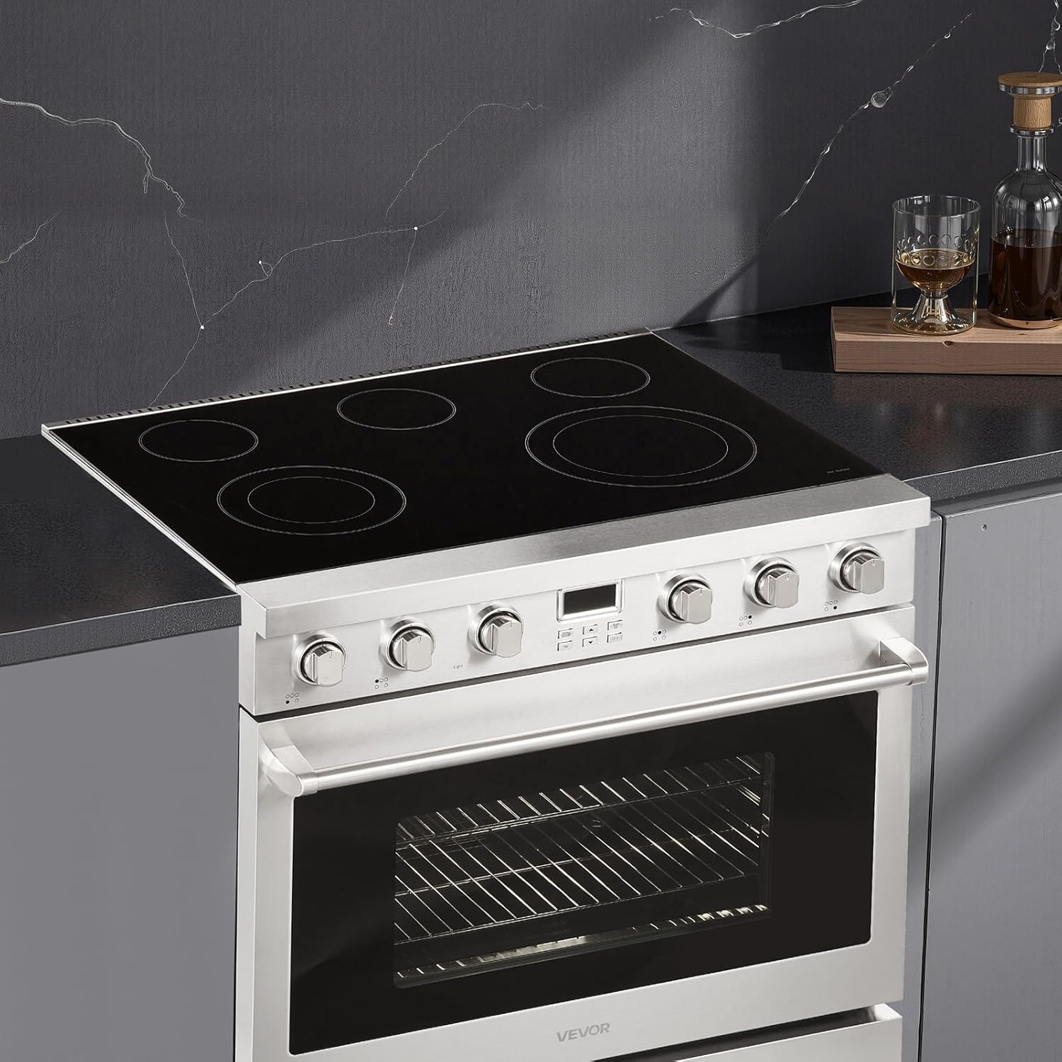 VEVOR 36 in Electric Range Oven, 6.0 Cu. Ft. Capacity Compact Freestanding Oven, Stainless Steel Kitchen Stove, with 5 Burners, Digital Screen Button Control, Easy Reach Racks for RV(No Power Cord)