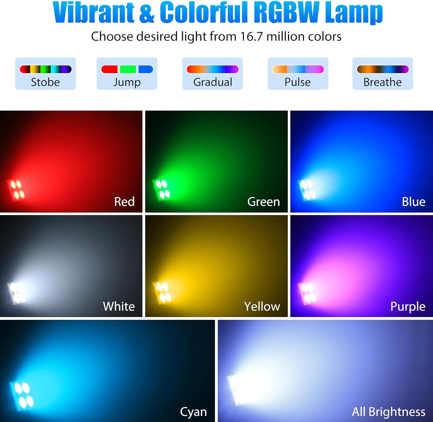 Grid of images showing various vibrant RGBW colors and effects like strobe, jump, gradual, pulse, and breathe.