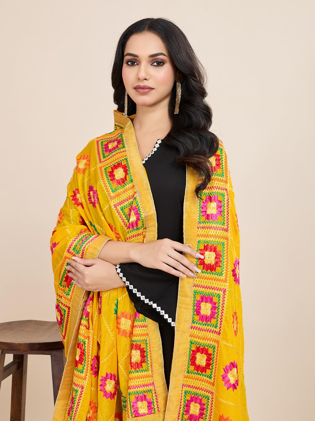 Weavers Villa Women's Chinnon Silk Aari Embroided Phulkari Dupatta, Chunni (Yellow), 2.25 Mtrs