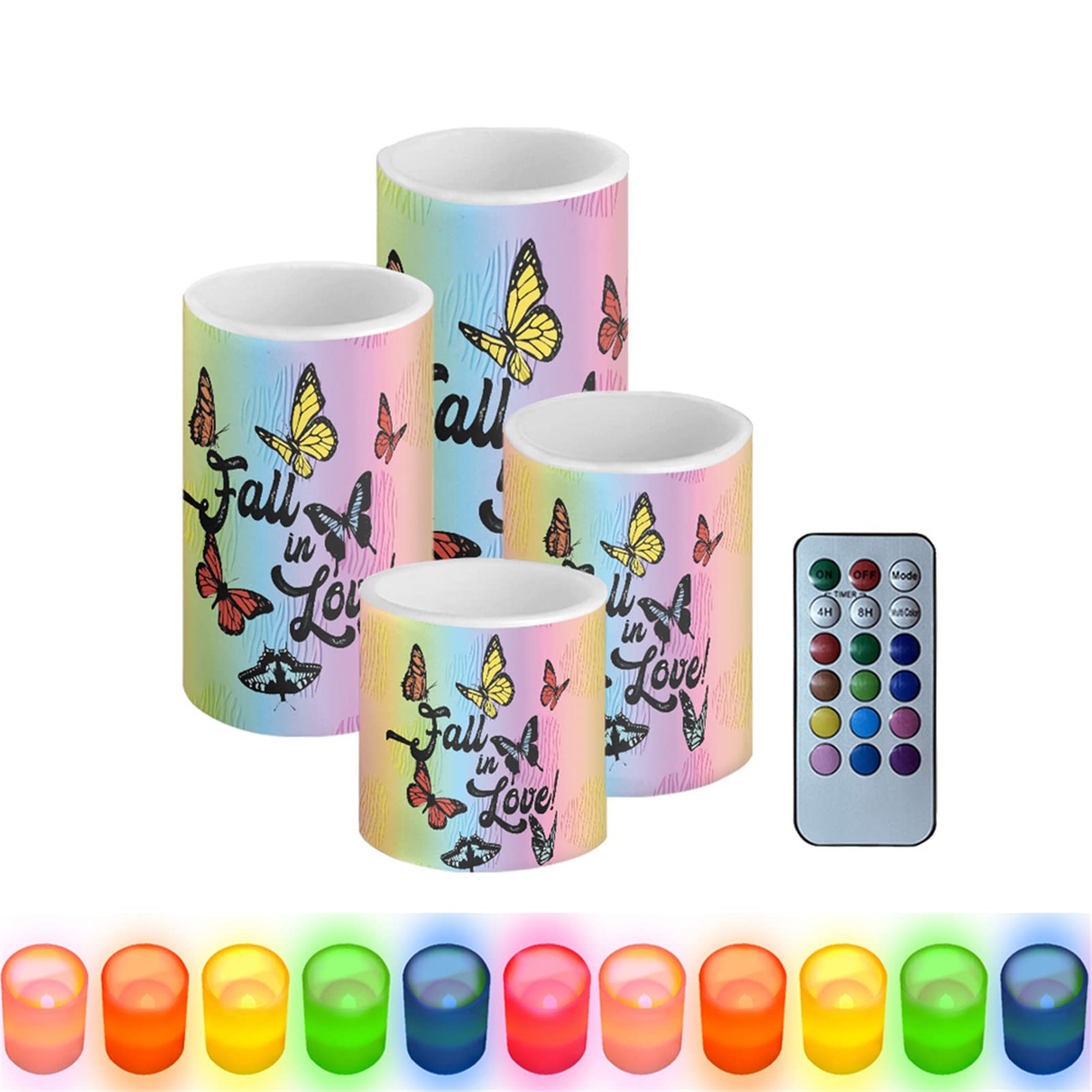 HUGS IDEA Fall in Love Butterfly LED Flameless Candles with Remote Control, Set of 4,18-Key Remote Control with 4/8-hours Timer Function,300+ Hours [Rainbow - Remote Control]