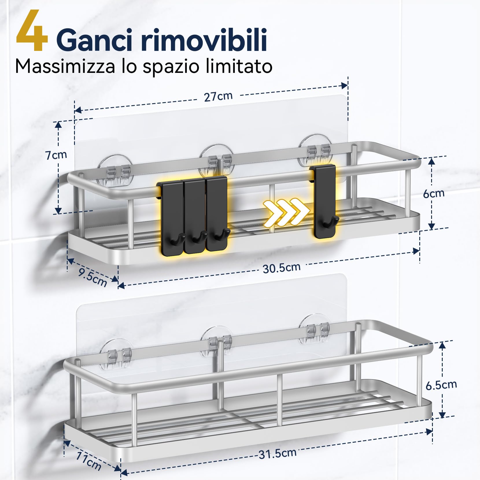 YASONIC Mensole Doccia Mensole Bagno, 2 Pezzi Portaoggetti doccia con 4 ganci Removibili, Impermeabile e antiruggine Mensola Bagno senza Foratura, Organizer Doccia Mensola Bagno Adesiva - Argento