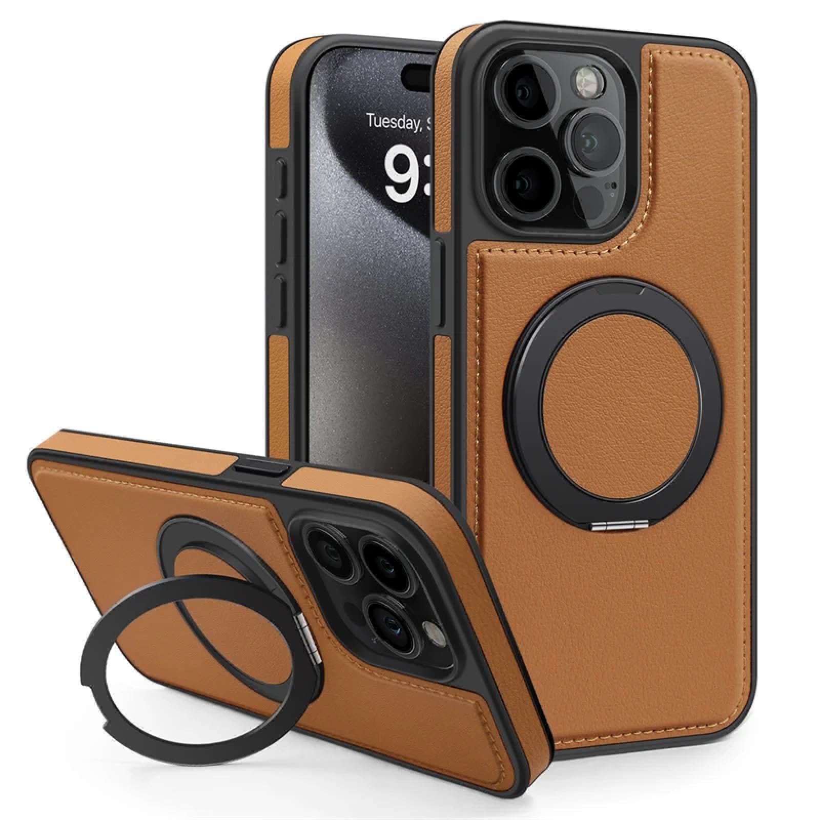Coque iPhone 16 Pro Max en cuir marron de luxe avec anneau rotatif 360 - 8