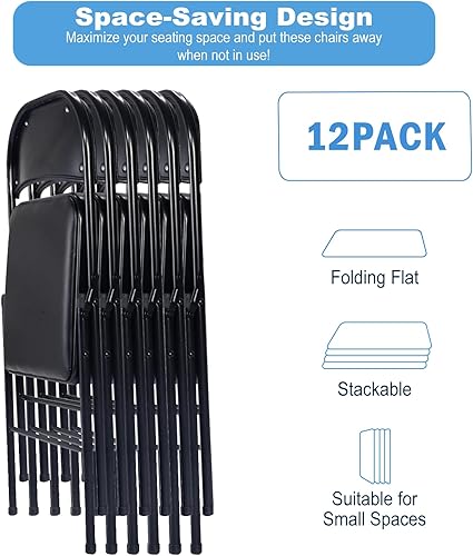 Miniatura 4 de Paquete de 12 sillas plegables negras con cojín acolchado y respaldo, sillas plegables acolchadas con marco de acero, asiento comercial apilable