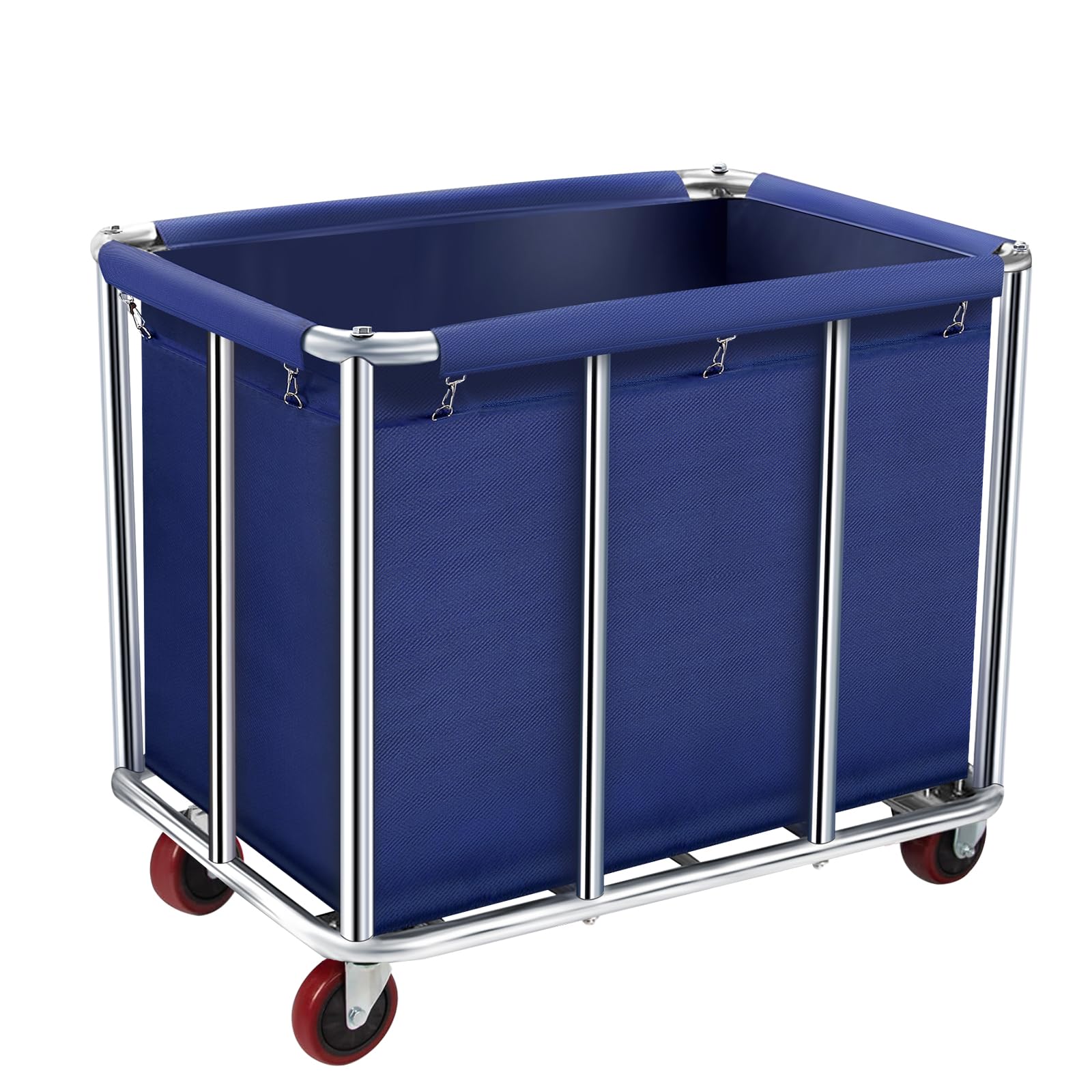 Commercial Laundry Cart on Wheels, 11.35 Bushels Large Roller with Removable Waterproof Canvas Lined Basket, Heavy Duty Stainless Steel for Hotels and Hospitals