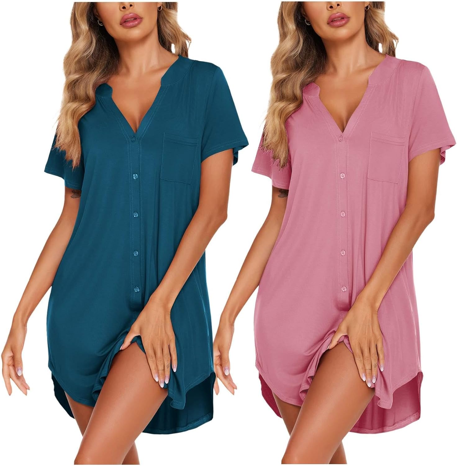 Ekouaer 2 Pack Nightgowns for Women Button Down Sleep Shirts V Neck Night Shirts Night Gowns