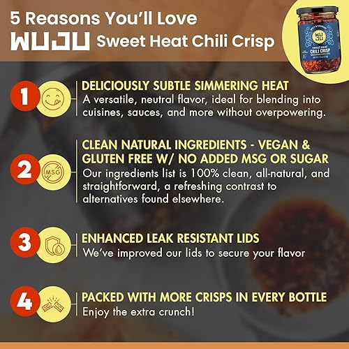 Miniatura 2 de WUJU Sweet Chili Crisp  Pimientos picantes crujientes, chiles, patatas fritas de ajo, semillas de sésamo en aceite de chile de Szechuan, para