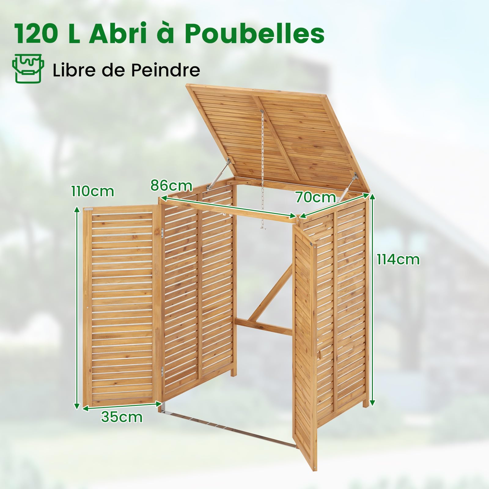 COSTWAY Cache Poubelle Exterieur 120 L, Abri Poubelle Exterieur Bois avec Couvercle Relevable, Doubles Portes, Loquet de Verrouillage, Cache Poubelle pour Jardin, Arrière-Cour, Terrasse, Naturel
